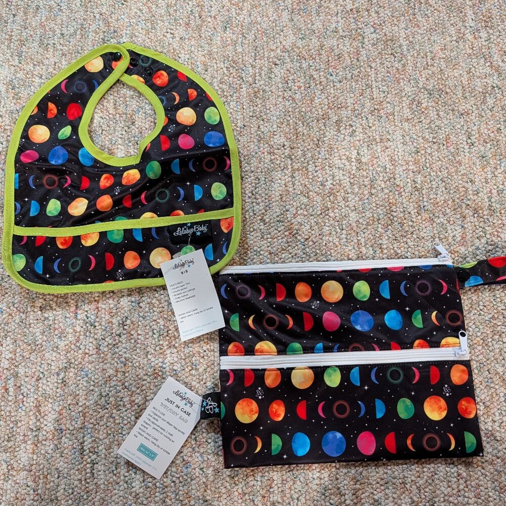 Lalabye Baby Wet/Dry Bag & Bib Set - "Cosmic" Moon Phases Print - NWT